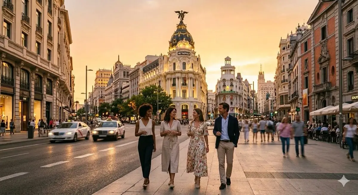 Group walking along Madrid’s Gran Vía