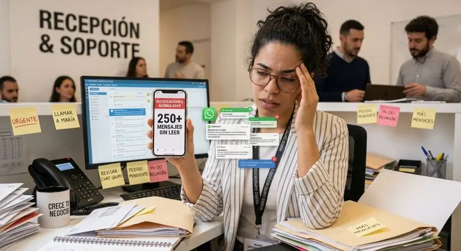 Persona saturada con el móvil y mensajes